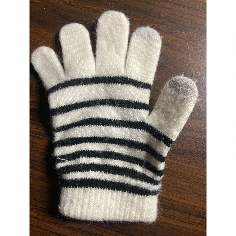 Cream and Black Striped Knit Touchscreen Gloves Winter Tech Accessories